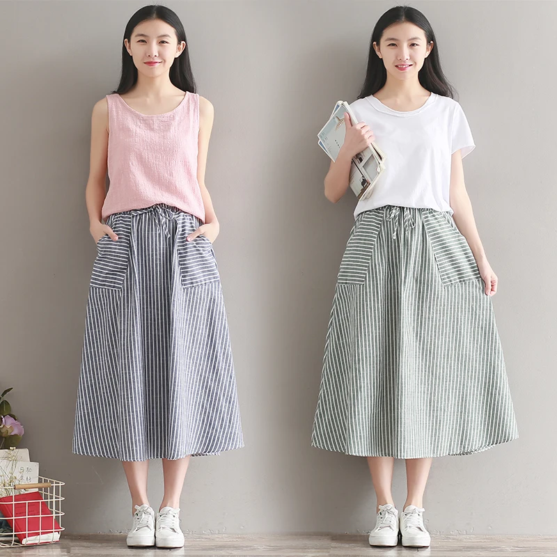 2019 New Summer Women Stripe Skirts Casual Cotton And Linen Female long Skirts Vintage Elegant Midi Skirts With Pockets saias
2019 New Summer Women Stripe Skirts Casual Cotton And Linen Female long Skirts Vintage Elegant Midi Skirts With Pockets saias