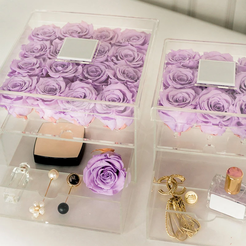 Clear Acrylic Purple Rose Box Cosmetic Case Makeup Organizer Box Rose Flower Box with Flowers Drawer Customize for Girl Mom
Clear Acrylic Purple Rose Box Cosmetic Case Makeup Organizer Box Rose Flower Box with Flowers Drawer Customize for Girl Mom