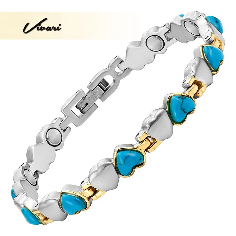 

Vivari Women Cute Fashion Jewelry Bracelet Chain Link Bio Health Energy 2-Tone Color Silver Blue Color Heart Elements Girl Gift