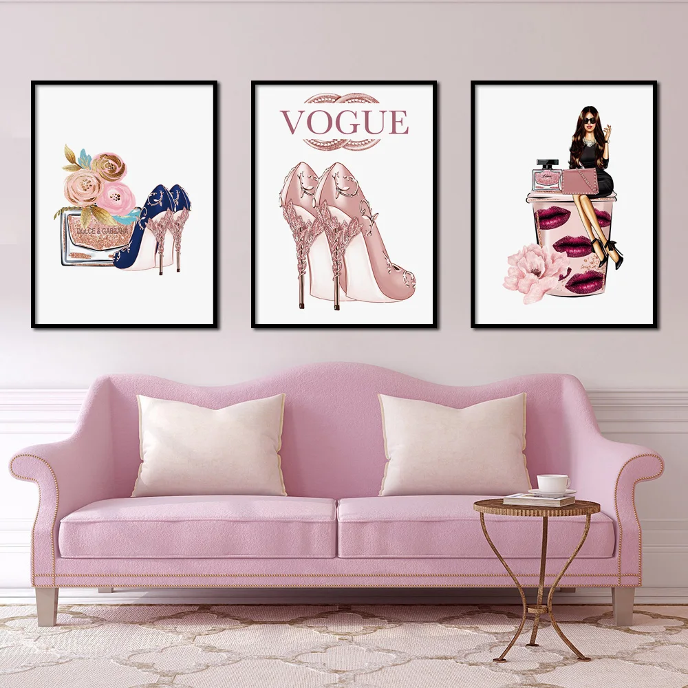 Модные Pink аромат обувь на высоком каблуке для девочек Сумочка Wall Art Холст Картина