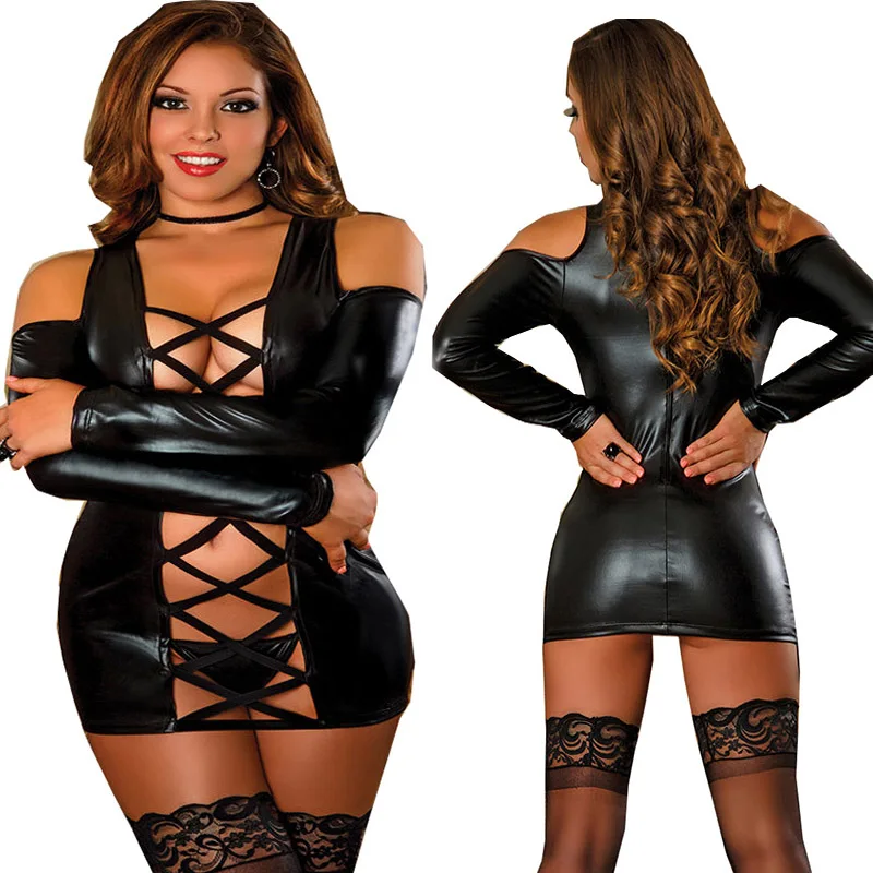 Sexy Black Open Front Short Leather Dress Gothic Punk Off Shoulder Long Sleeve Criss Cross Clubwear Stripper Dress Wetlook Dress
Sexy Black Open Front Short Leather Dress Gothic Punk Off Shoulder Long Sleeve Criss Cross Clubwear Stripper Dress Wetlook Dress