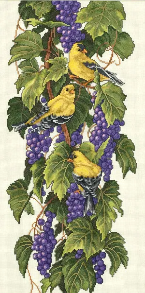 Cross Stitch Kit Vineyard Goldfinches Grape Wine Vine and Yellow Bird Birds jca 03248