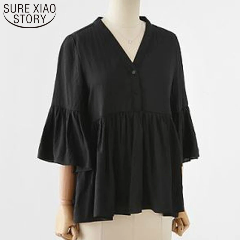2020 Large size women's fat solid color blouse top fashion in summer Flare sleeve V-neck Lady shirt Doll type women 3606 50 | Женская
