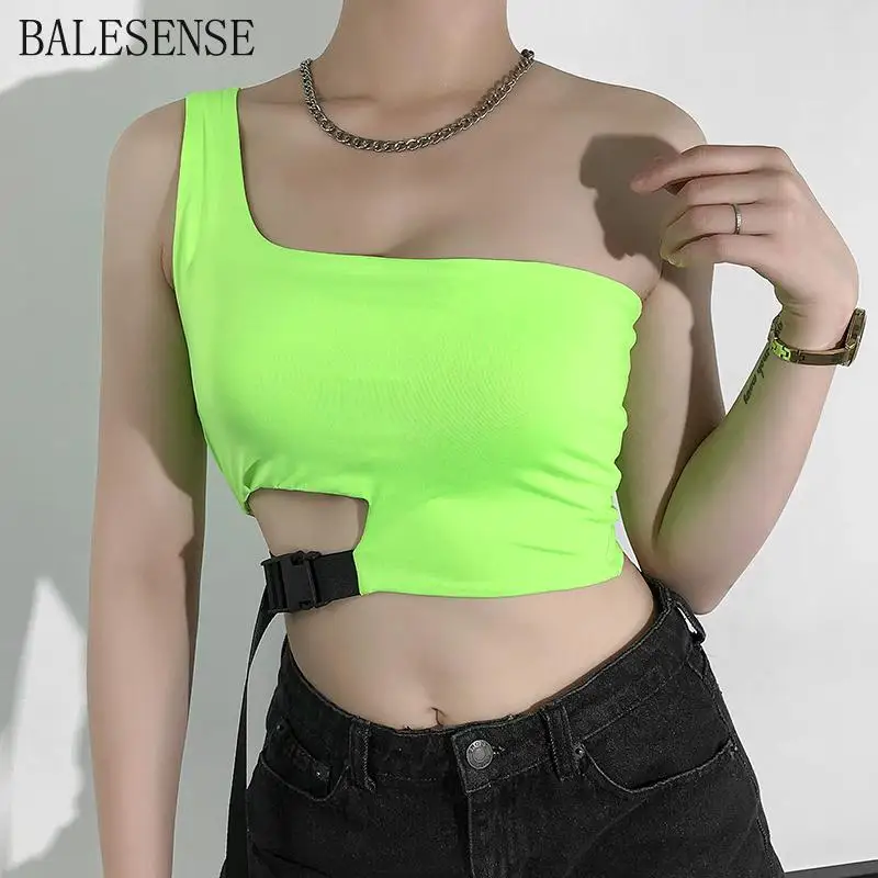 Фото One Shoulder Neon Green Crop Top Patchwork Sleeveless Women Tank Casual Cropped Tops Tees Ladies Streetwear 2019 Short | Женская одежда