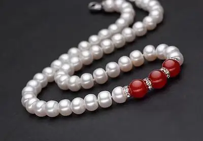 Genuine Natural 6-7MM WHITE CULTURED ROUNDEL PEARL & red jade necklace 18 &quotAAA | Украшения и аксессуары