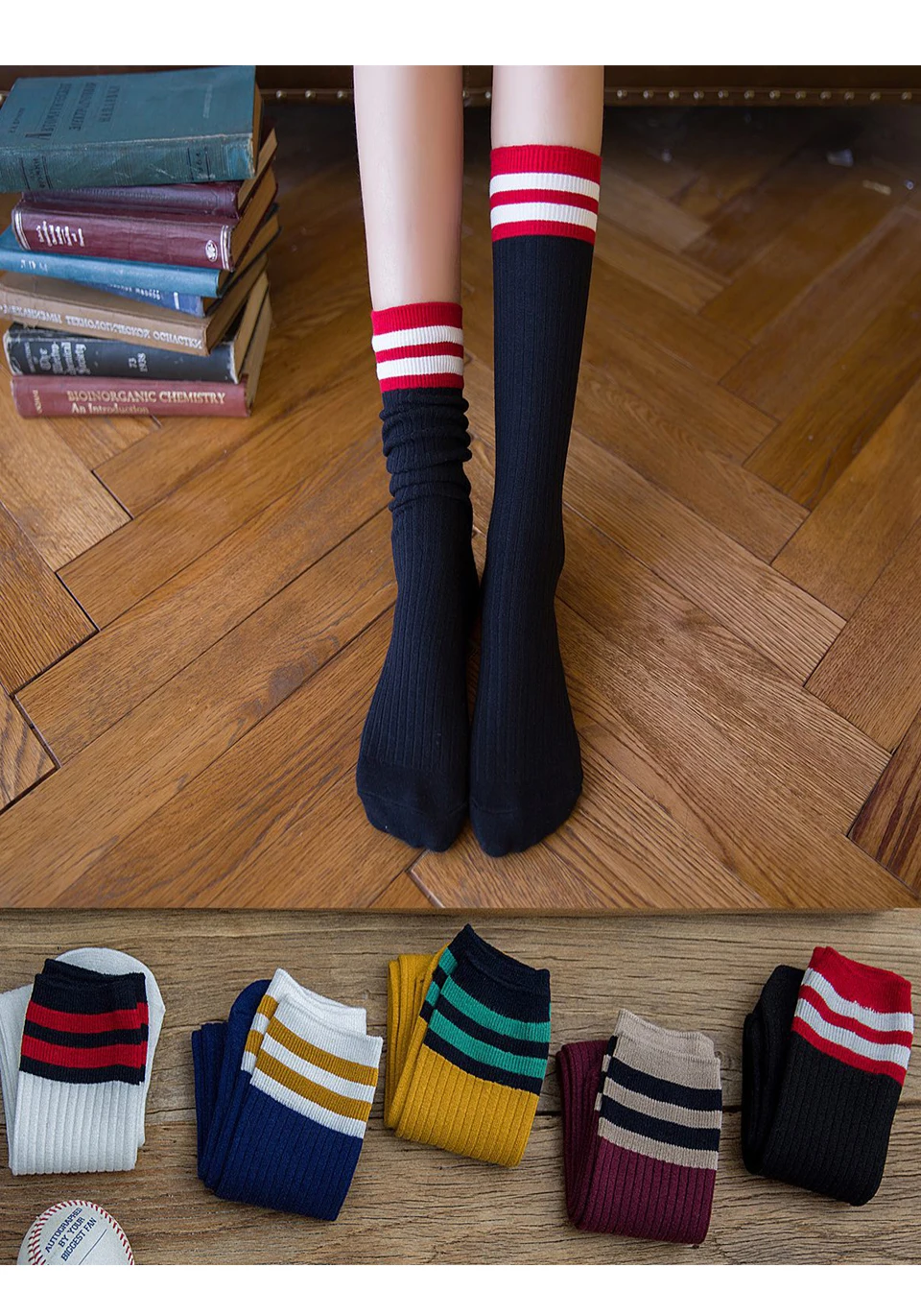 Harajuku Autumn And Winter Warm Fashion Two Bar Stripes Casual Cute Female New Pile In Tube Socks Cotton Japan and South Korea (7)