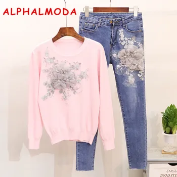ALPHALMODA European Fashion 2018 Autumn Appliques 3D Flower Sweater + Denim Stretchy Pant Sets Women Casual Jumpers Pants Suits
ALPHALMODA European Fashion 2018 Autumn Appliques 3D Flower Sweater + Denim Stretchy Pant Sets Women Casual Jumpers Pants Suits