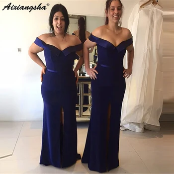 Navy Blue Mermaid 2019 Prom Dresses Long Boat Neck Off The Shoulder Split Elastic Satin Simple Evening Gown robe de soiree 
Navy Blue Mermaid 2019 Prom Dresses Long Boat Neck Off The Shoulder Split Elastic Satin Simple Evening Gown robe de soiree