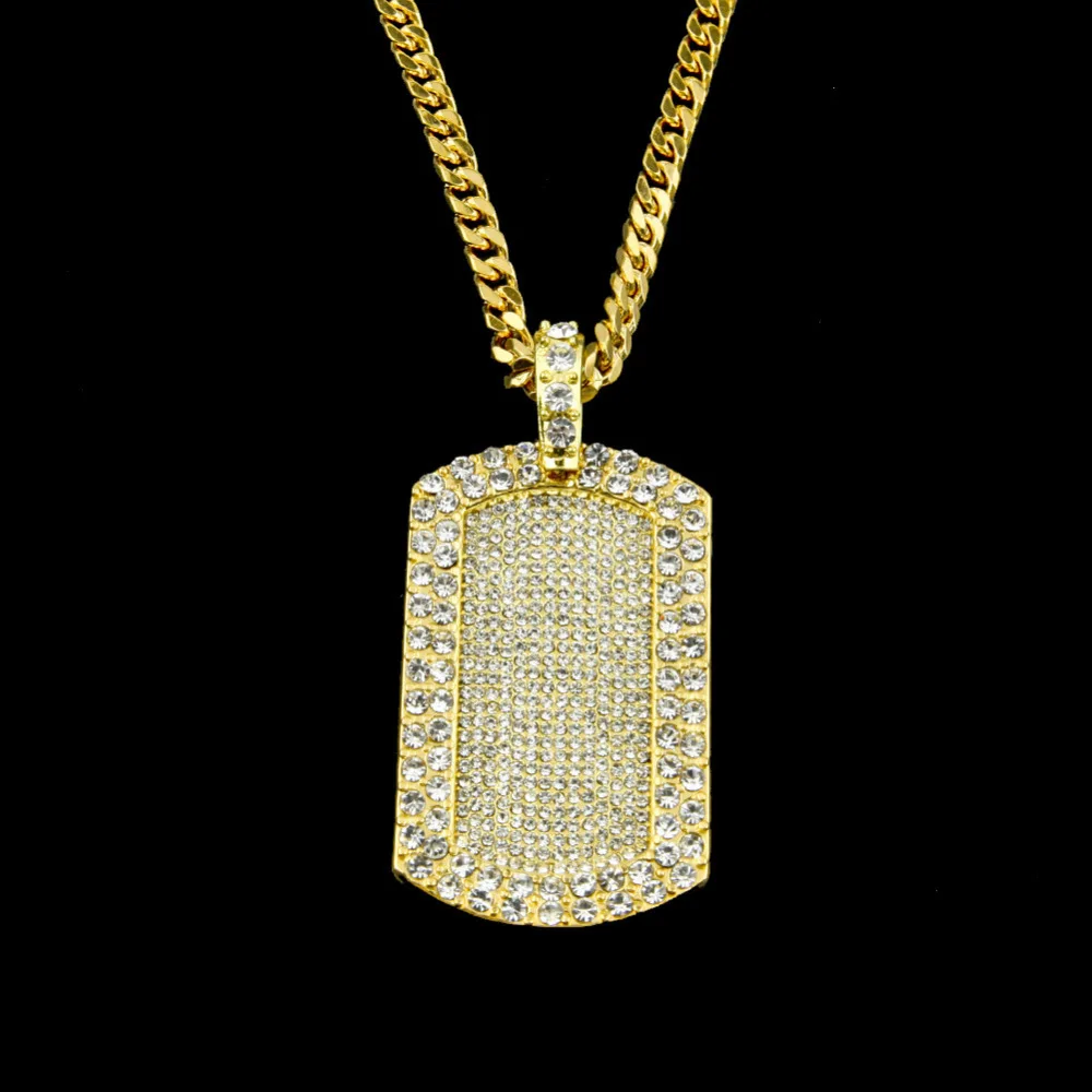 

Gold color hip hop fully cz iced out bling bling dog tag pendant necklace with 27.5inch long cuban link chain