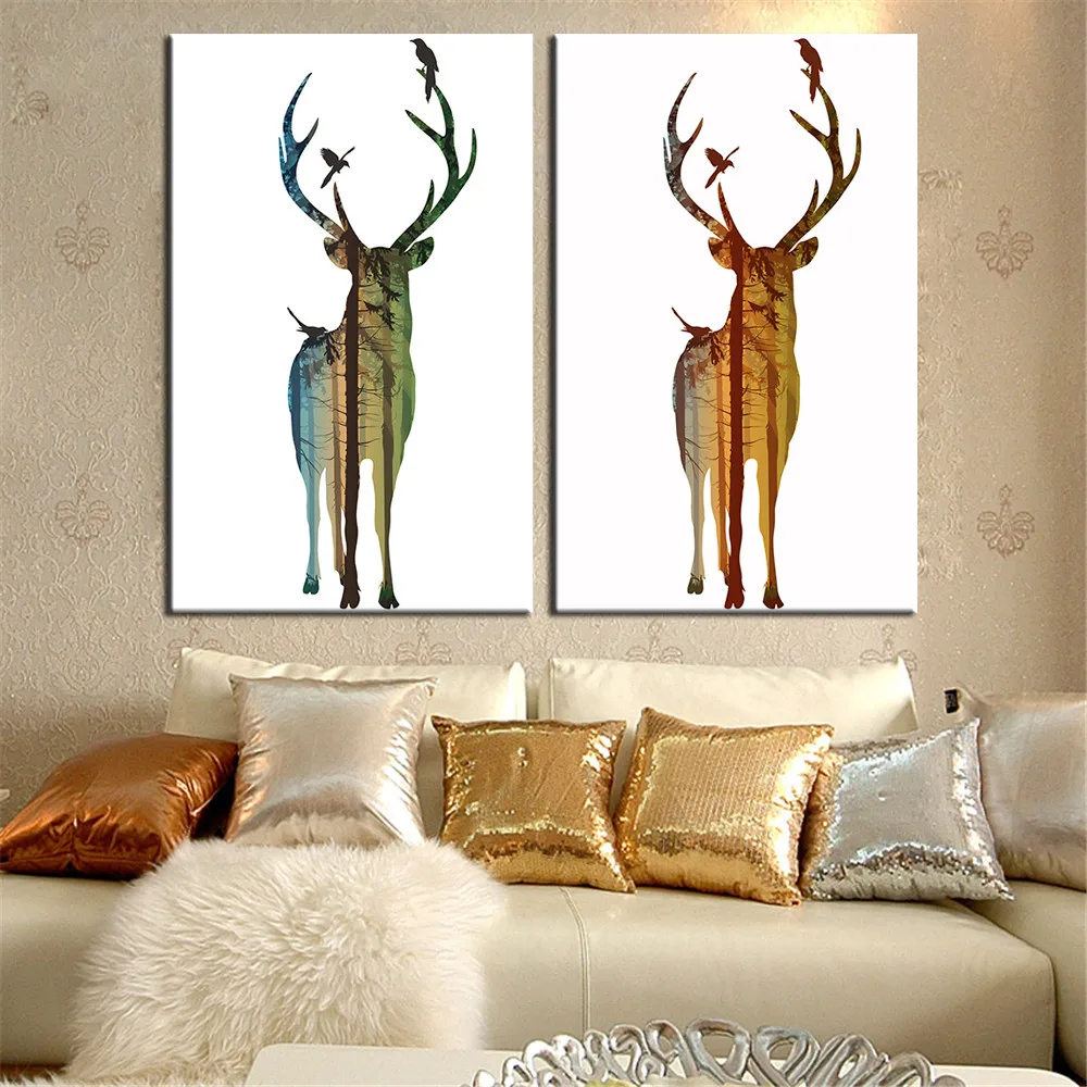 Image Mordern Oil Painting Abstract Deer Painting Animal Canvas Art Wall Picture for Living Room Home Decor Landscape Unframed 2 Panal