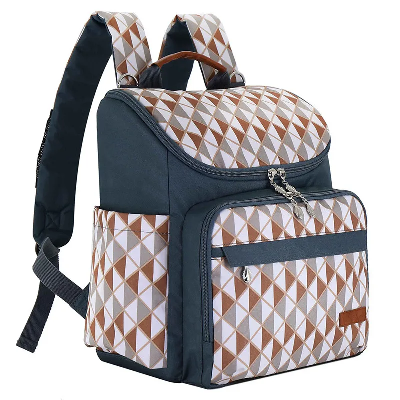 White&Blue Triangle Grid Flower Printed Square Vertical Section Mummy Diaper Bags Zipper Pocket Canvas Casual Backpack 14