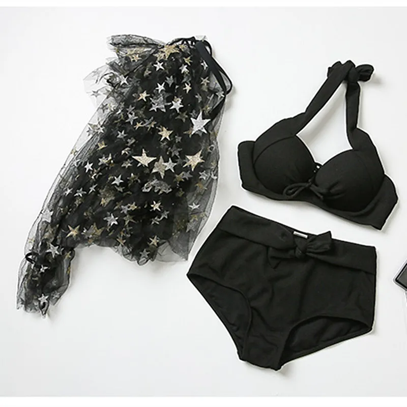 2019 new women's sexy black tulle stars embellished shawl laced backless slim bikini beach sexy women's three-piece swimsuit
2019 new women's sexy black tulle stars embellished shawl laced backless slim bikini beach sexy women's three-piece swimsuit