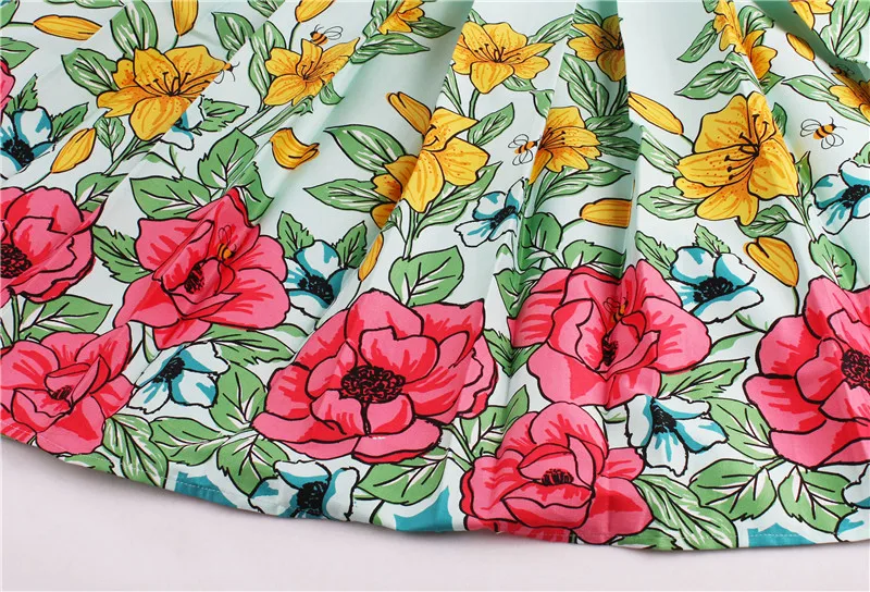Kostlish Retro Print Flower Summer Skirts Womens 2017 High Waist Vintage Skirt Elegant A-Line Midi Women Skirt Plus Size XXL 22 (15)