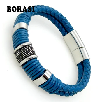 

Blue Genuine Leather Bracelet Men Jewelry Stainless Steel Leather Braid Bracelet With Magnetic Buckle Claps pulseiras masculina