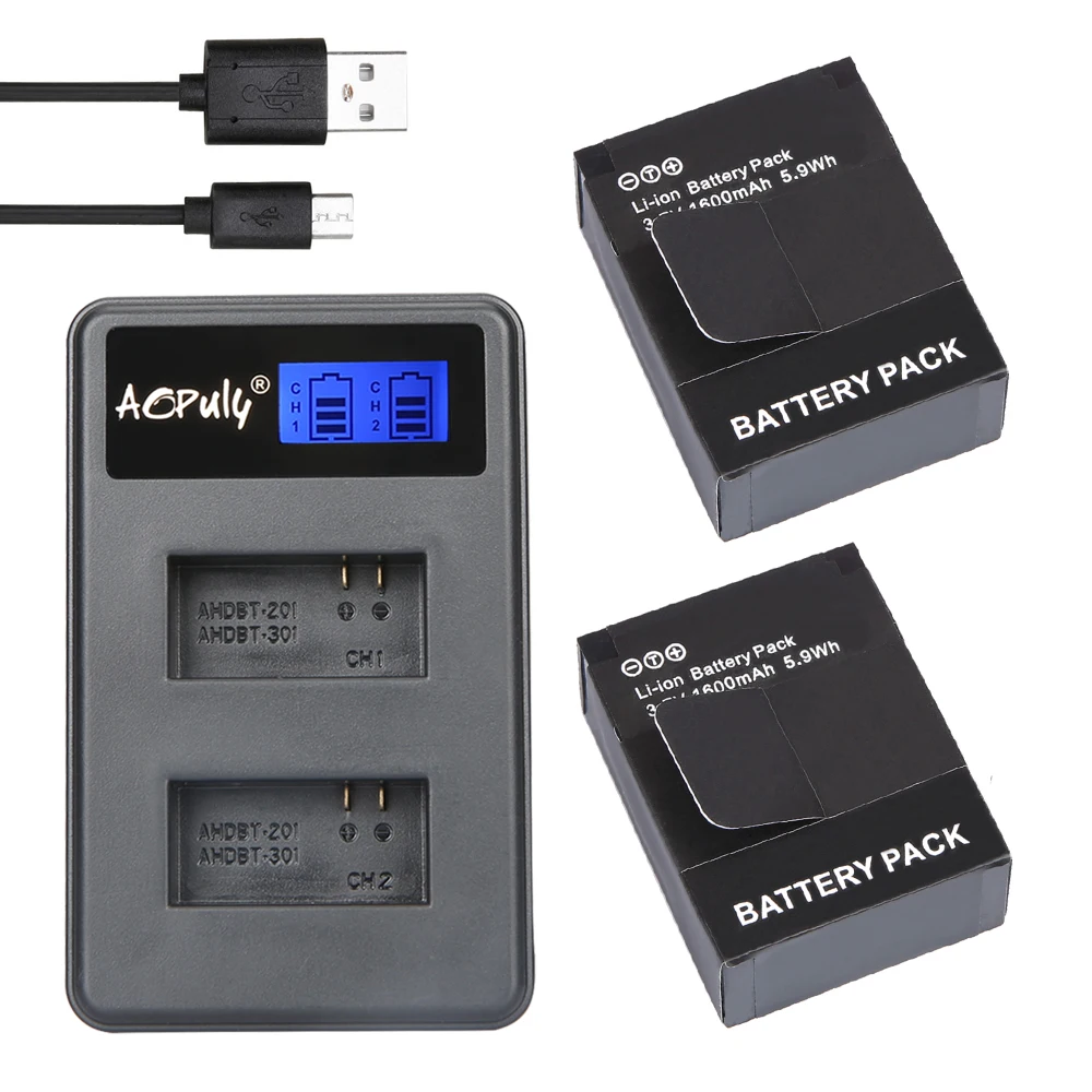 AOPULY 2 шт. ADHBT-301 AHDBT-302 батарея + LCD USB двойное зарядное устройство для GoPro Hero3/HERO3