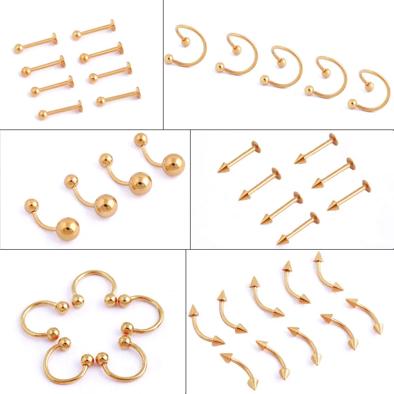 2 Pcs/Lot 10 Style Design Gold Surgical Steel Eyebrow Navel Belly Lip Tongue Ring Nose Bar Rings Body Piercing Jewelry Wholesale
2 Pcs/Lot 10 Style Design Gold Surgical Steel Eyebrow Navel Belly Lip Tongue Ring Nose Bar Rings Body Piercing Jewelry Wholesale