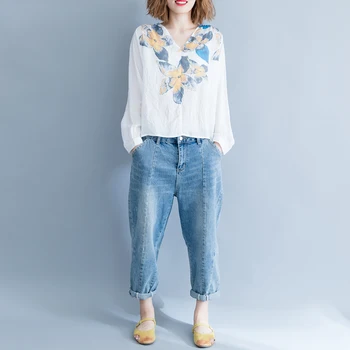 2019 summer cotton women blouse and shirts printed floral loose lady white shirts casual all match v-neck outwear tops
2019 summer cotton women blouse and shirts printed floral loose lady white shirts casual all match v-neck outwear tops