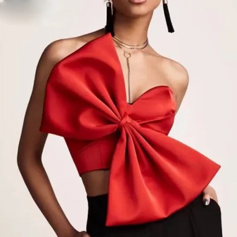 

New Fashion 2019 Summer Designer Top Tanks Women's Sexy Big Bow Camis Shirt Crop Tops Solid Red Black Party Club