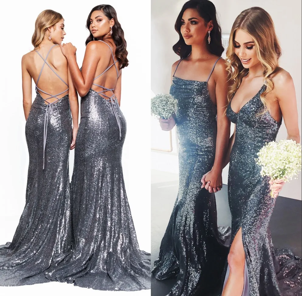 Sexy Backless Sequined Silver Bridesmaid Dresses Long 2019 Spaghetti Straps Maid of Honor Wedding Guest Dress Formal Prom Dress
Sexy Backless Sequined Silver Bridesmaid Dresses Long 2019 Spaghetti Straps Maid of Honor Wedding Guest Dress Formal Prom Dress