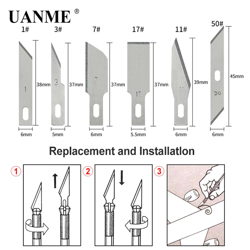 UANME 5PCS/Set Precision Steel Blade Engraving Craft Sculpture Knife Scalpel Cutting Tool for PCB Repair 1# 3# 7# 11# 17# 50#
UANME 5PCS/Set Precision Steel Blade Engraving Craft Sculpture Knife Scalpel Cutting Tool for PCB Repair 1# 3# 7# 11# 17# 50#