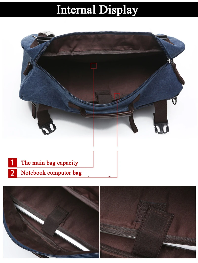 three photos showing the laptop pockets on the main compartment of a blue navy rucksack