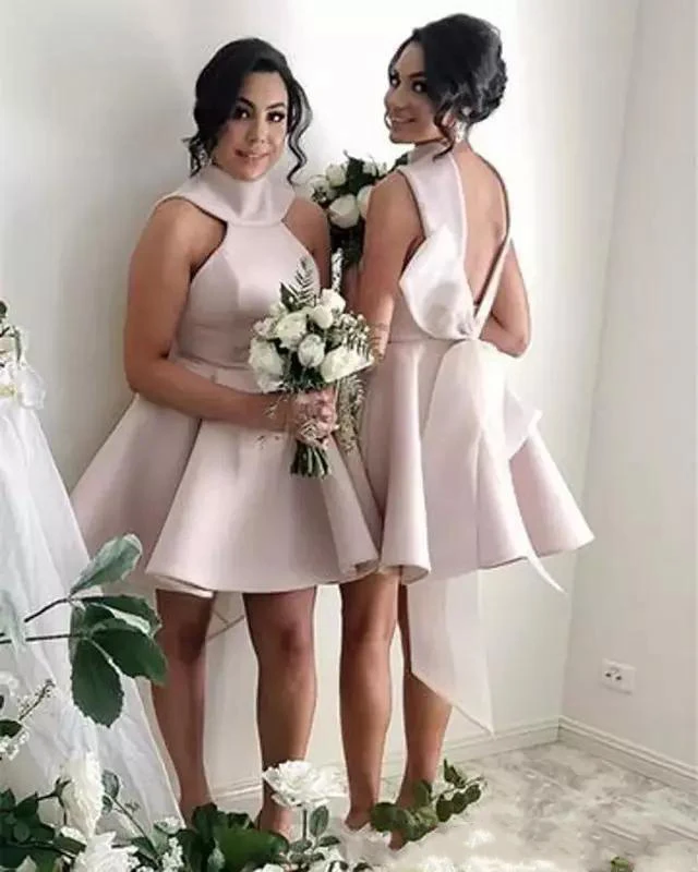 2019 Платья для подружек невесты, недорогое атласное короткое платье с лямкой на шее и открытой спиной для свадебной вечеринки, Платья для подружек невесты с большим бантом на спине
2019 Платья для подружек невесты, недорогое атласное короткое платье с лямкой на шее и открытой спиной для свадебной вечеринки, Платья для подружек невесты с большим бантом на спине