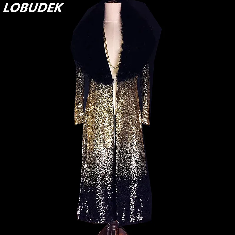 2 Style Sparkly Gold Black Sequins Overcoat England Style Fashion Fur Long Trench Coat Nightclub Bar Men Singer Concert Costumes
2 Style Sparkly Gold Black Sequins Overcoat England Style Fashion Fur Long Trench Coat Nightclub Bar Men Singer Concert Costumes