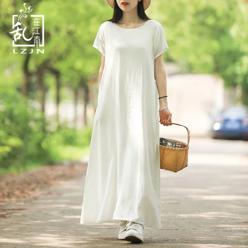

LZJN White Summer Dress 2018 Trending Long Tunic Beach Dress Short Sleeve High Waist Casual Robe Femme Pockets Mori Girl Vestido