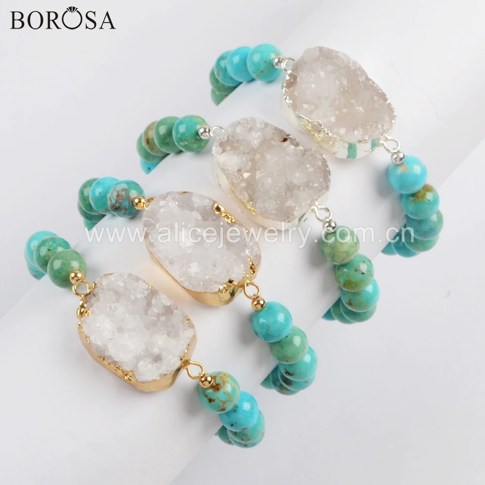 BOROSA 1 Piece Gold/Silver Color Natural Agates Druzy With 8mm Turquoises Beads Bracelet Natural Gems Bangle Jewelry G1733 S1733
BOROSA 1 Piece Gold/Silver Color Natural Agates Druzy With 8mm Turquoises Beads Bracelet Natural Gems Bangle Jewelry G1733 S1733