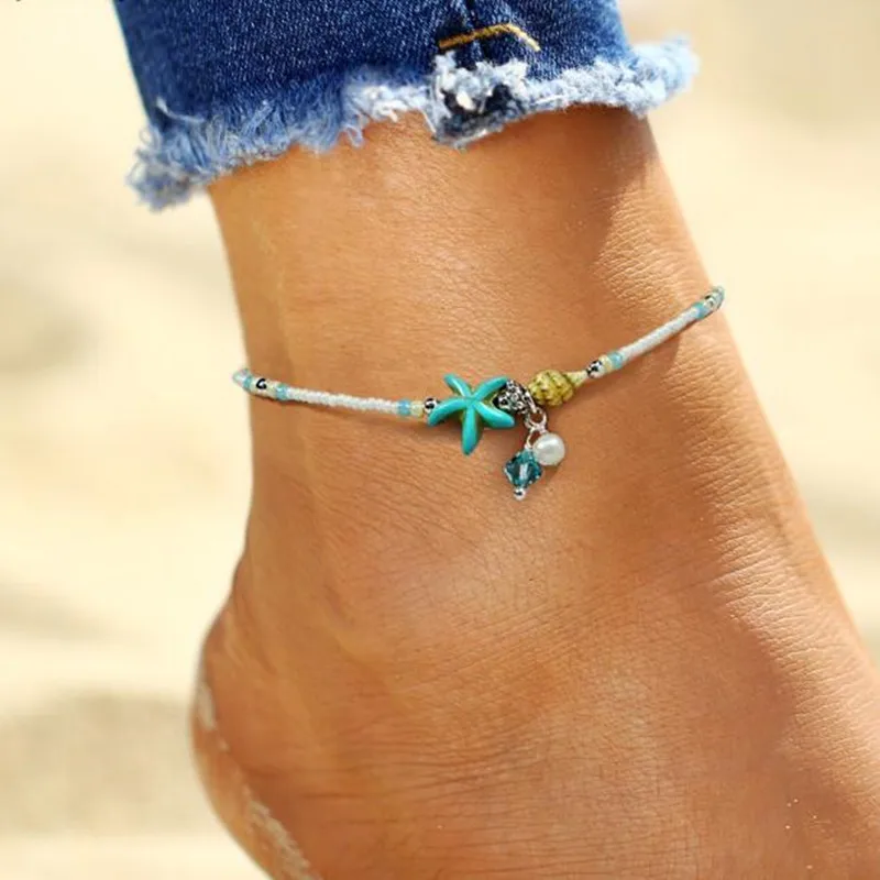 Louleur Bohemian Style Starfish Shell Beach Beads Anklet Conch Bracelet Summer Men and Women Foot Accessories | Украшения и