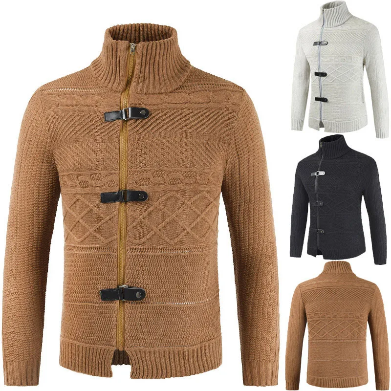 Winter Buckle Peacoat High Neck Knit Sweater For Men Plain Metal Clasp Top Cardigan Long Sleeves Full Zip Strap Coat Collared
Winter Buckle Peacoat High Neck Knit Sweater For Men Plain Metal Clasp Top Cardigan Long Sleeves Full Zip Strap Coat Collared