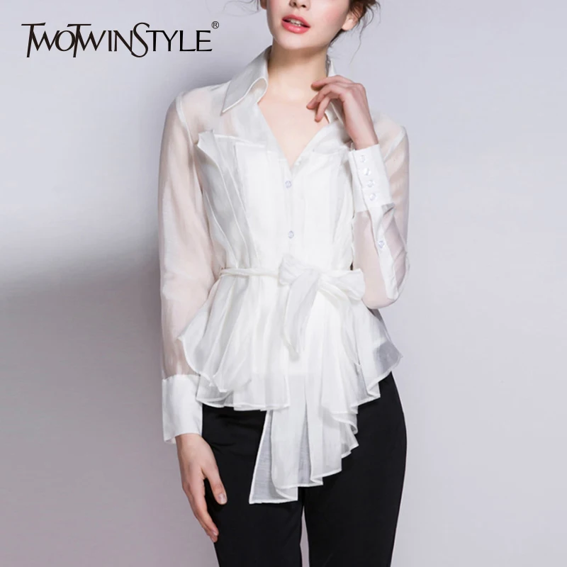 TWOTWINSTYLE Belt Shirt For Women Ruffles High Waist V Neck Long Sleeve Asymmetrical Blouse Thin Tops 2019 Spring Fashion New
TWOTWINSTYLE Belt Shirt For Women Ruffles High Waist V Neck Long Sleeve Asymmetrical Blouse Thin Tops 2019 Spring Fashion New