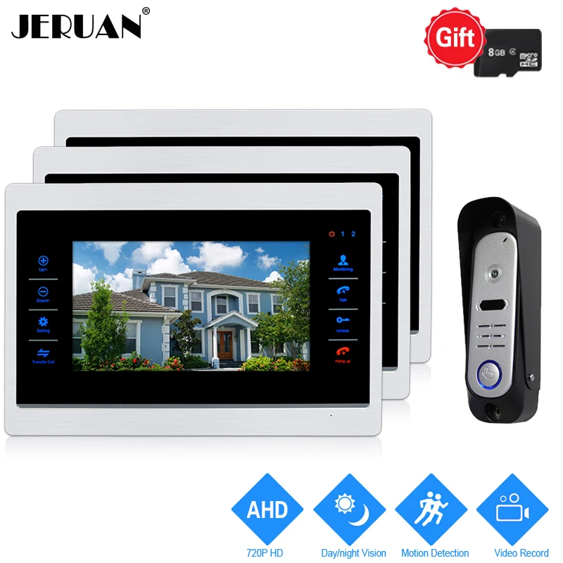 

JERUAN 10`` 720P AHD Video Door Phone Doorbell Intercom System 3 Record Monitor +HD 1.0MP COMS Camera With Motion Detection 1V3