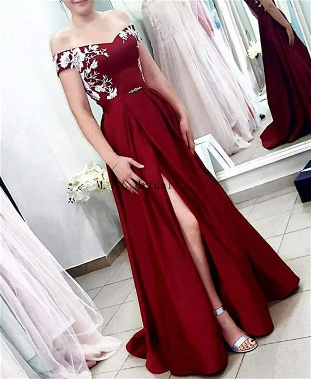 Elegant Burgundy Satin Long Formal Evening Dress With White Lace High Split Off The Shoulder Boat Neck A Line Cheap Prom Gowns
Elegant Burgundy Satin Long Formal Evening Dress With White Lace High Split Off The Shoulder Boat Neck A Line Cheap Prom Gowns