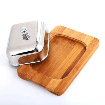 Realand Eco friendly Stainless Steel Butter Dish Box Container Cheese Server Storage Keeper Bamboo Tray with mirror finish Lid