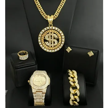 Luxury Men Gold Watch Hip Hop Watch &Necklace & Bracelet & Earrings & Ring Combo Set Ice Out Cuban Top Brand Dollar Sign Pendant
Luxury Men Gold Watch Hip Hop Watch &Necklace & Bracelet & Earrings & Ring Combo Set Ice Out Cuban Top Brand Dollar Sign Pendant
