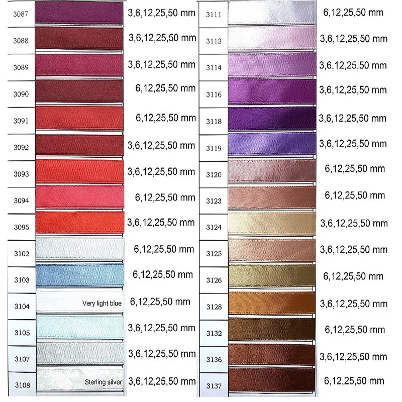 3, 6, 12, 25, 50 mm Satin ribbon single face 155 colors in assortment 36 yards (32, 9 meters) per roll
3, 6, 12, 25, 50 mm Satin ribbon single face 155 colors in assortment 36 yards (32, 9 meters) per roll