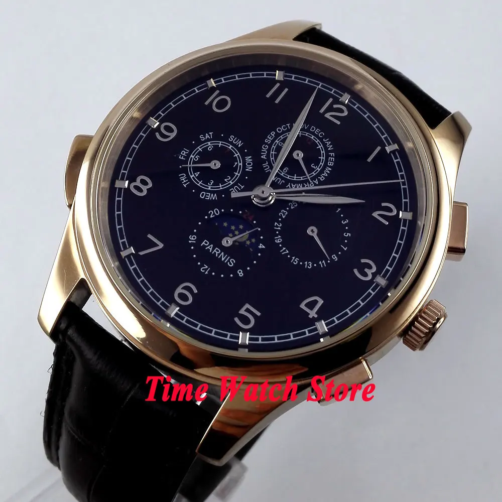 Parnis 44mm Multifunction Automatic Men's watch Moon Phase display black dial silver marks Gold case 107
Parnis 44mm Multifunction Automatic Men's watch Moon Phase display black dial silver marks Gold case 107