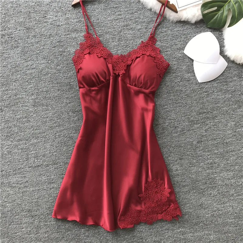 

2019 new with chest pad ladies sexy spring summer straps nightdress ice silk lace Slim