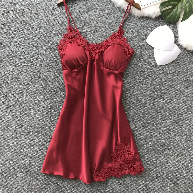 2019 new with chest pad ladies sexy spring summer straps nightdress ice silk lace Slim
2019 new with chest pad ladies sexy spring summer straps nightdress ice silk lace Slim