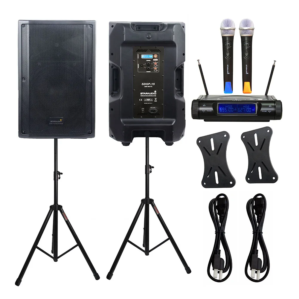 STARAUDIO Dual 4500W 15" Powered PA DSP Active DJ Speakers Stage DJ Stands 2 Channel UHF Wireless Handheld Microphone SDSP-15
STARAUDIO Dual 4500W 15" Powered PA DSP Active DJ Speakers Stage DJ Stands 2 Channel UHF Wireless Handheld Microphone SDSP-15