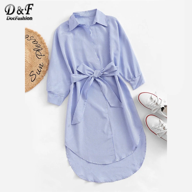 

Dotfashion Blue Striped Dip Hem Belted Dress Women 2019 Spring New Casual Clothing Female 3/4 Sleeve Knee Length Shirt Dress