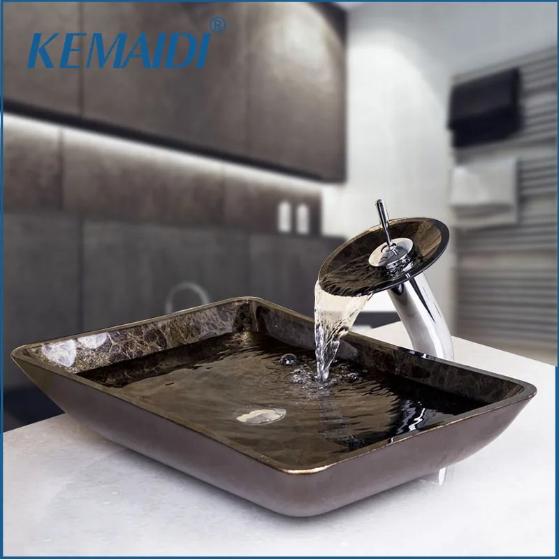 

KEMAIDI Waterfall Spout Bathroom Rectangular glass basin Sink Washbasin Glass Hand-Painted Lavatory Bath Brass Set Faucet Mixers