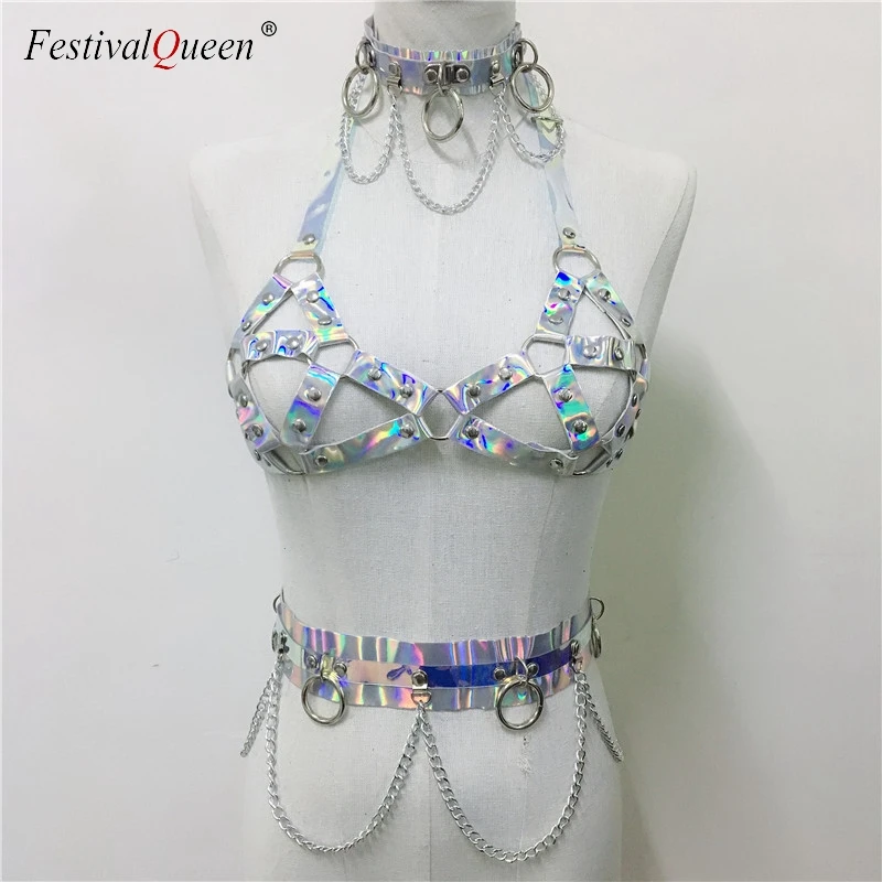 Festival Queen Holographic PVC Bondage 3 Piece Set Women Sexy Laser Choker Hollow Out Crop Top Link Chain Waist Belt Party Set
Festival Queen Holographic PVC Bondage 3 Piece Set Women Sexy Laser Choker Hollow Out Crop Top Link Chain Waist Belt Party Set