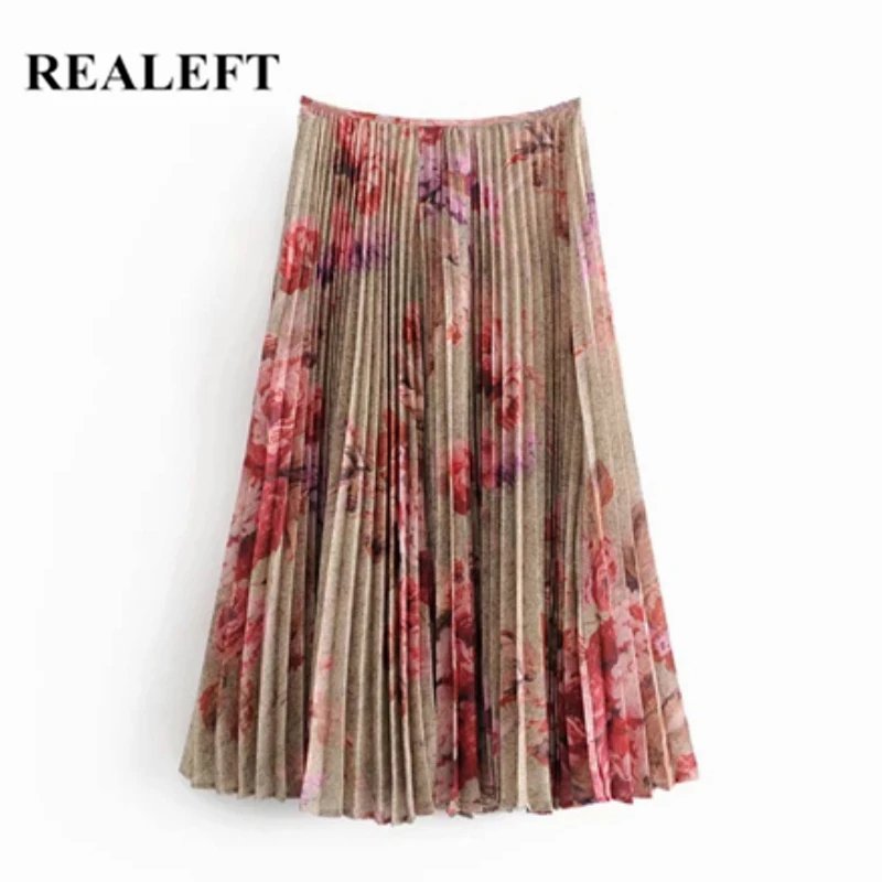 REALEFT 2019 Summer New Arrival Women Vintage Floral Printed Pleated Long Skirt High Waist Harajuku Tulle A-Line Mid-Calf Skirts | Женская