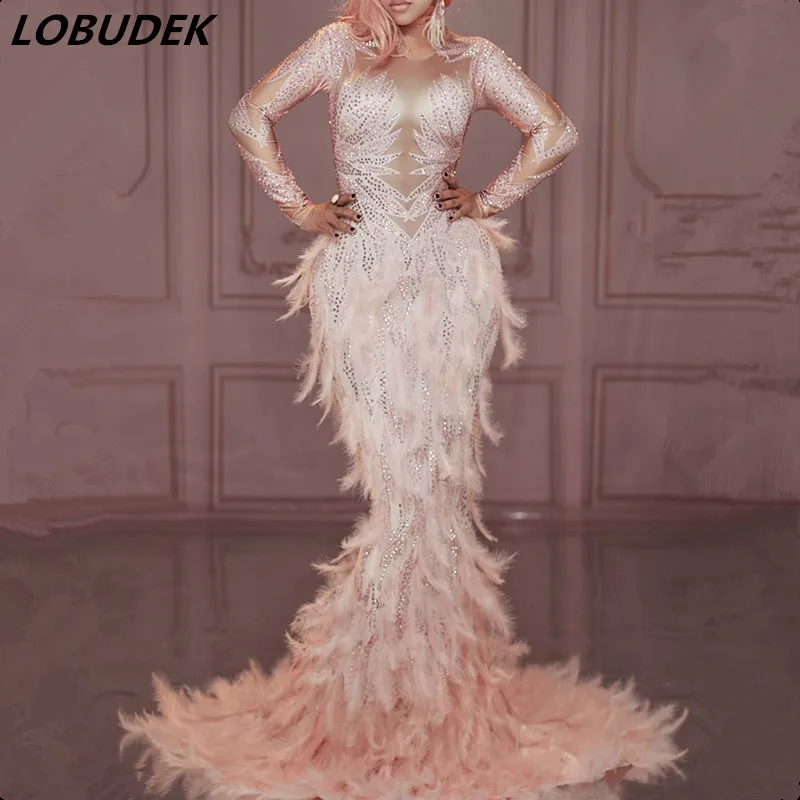 Luxury Rhinestones Pink Feathers Mermaid Long Dress Evening Party Performance Women Singer Host Models Catwalk Trailing Dress
Luxury Rhinestones Pink Feathers Mermaid Long Dress Evening Party Performance Women Singer Host Models Catwalk Trailing Dress
