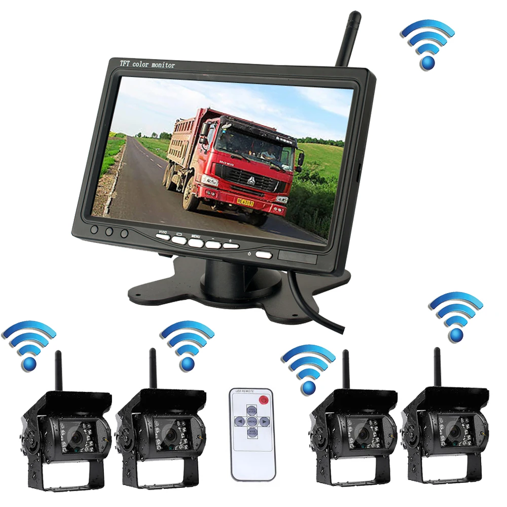 Wireless 4 Backup Cameras System with 7 Inch Car Rear View Monitor for RV/Box Truck/Trailer/Tractor/Semi-Trailer Camera
Wireless 4 Backup Cameras System with 7 Inch Car Rear View Monitor for RV/Box Truck/Trailer/Tractor/Semi-Trailer Camera