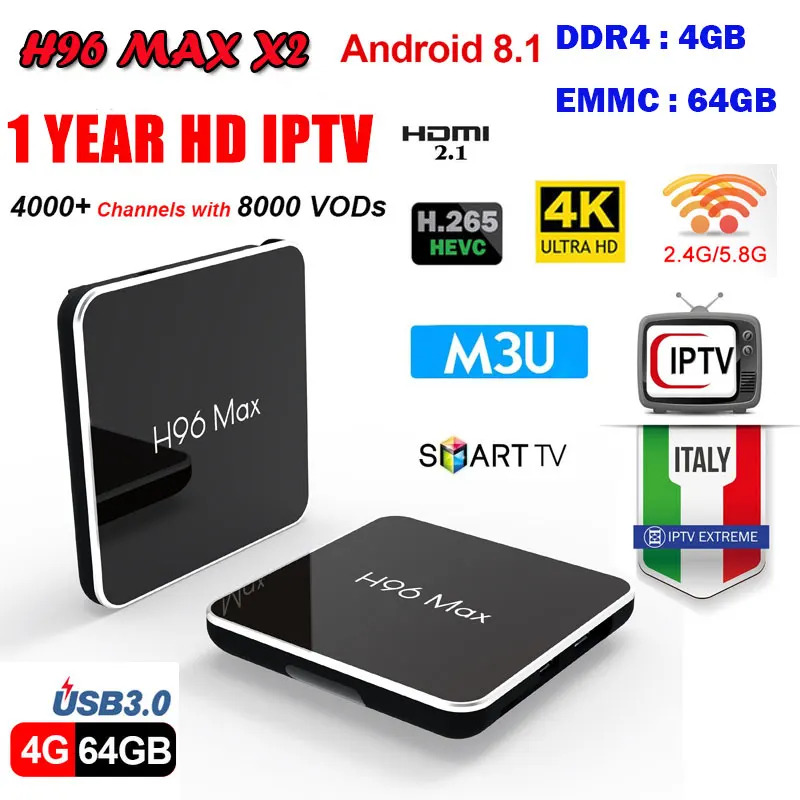 TV Box H96 MAX X2 Android 8.1 4GB 64GB support iptv 2.4/5.8G Dual wifi 4K H.265 HD2.0 BT4.1 Google play set top box h96 MAX X2
TV Box H96 MAX X2 Android 8.1 4GB 64GB support iptv 2.4/5.8G Dual wifi 4K H.265 HD2.0 BT4.1 Google play set top box h96 MAX X2