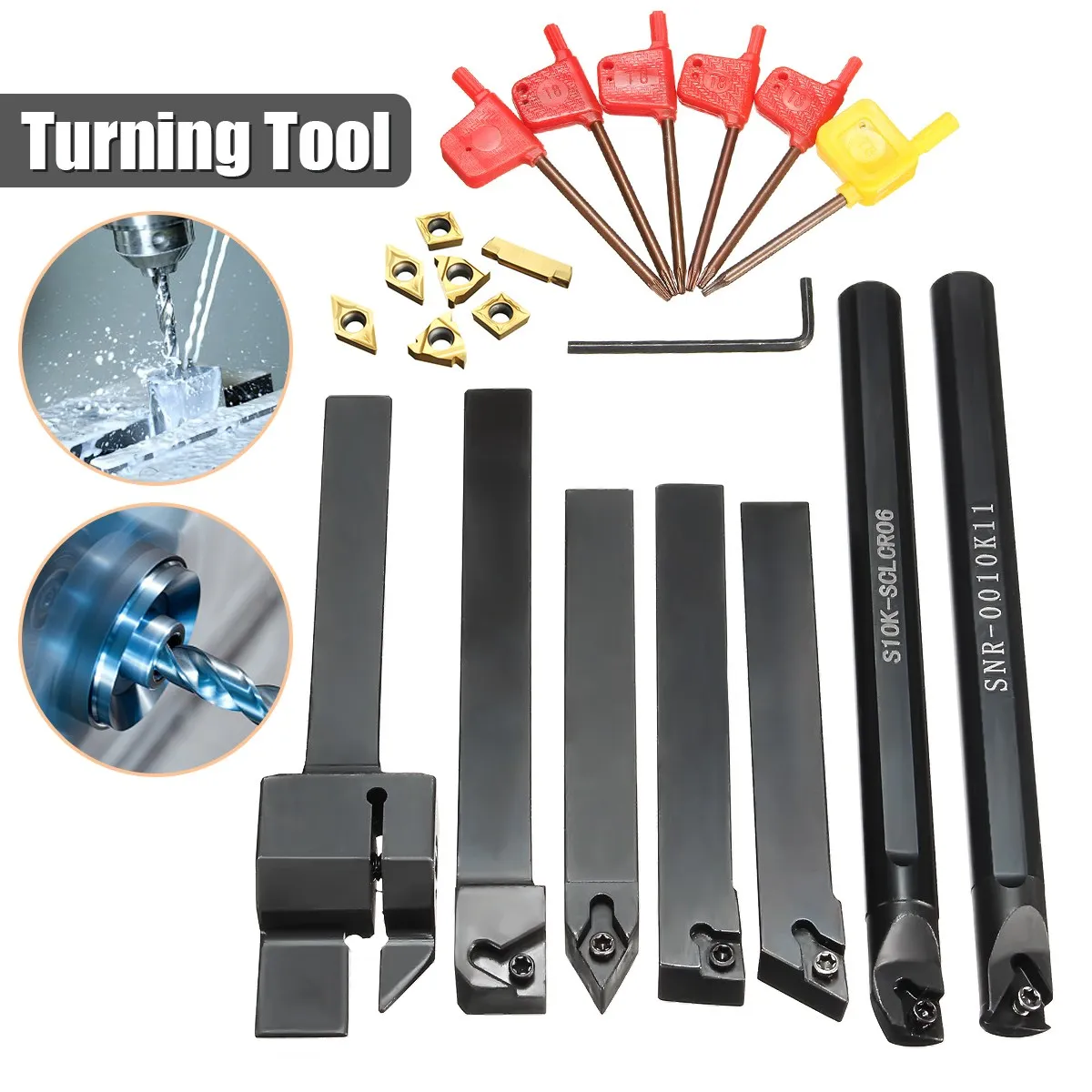 7pcs 10mm Boring Bar Lathe Turning Tool Holder with Gold Inserts with 7pcs T8 Wrenches
7pcs 10mm Boring Bar Lathe Turning Tool Holder with Gold Inserts with 7pcs T8 Wrenches