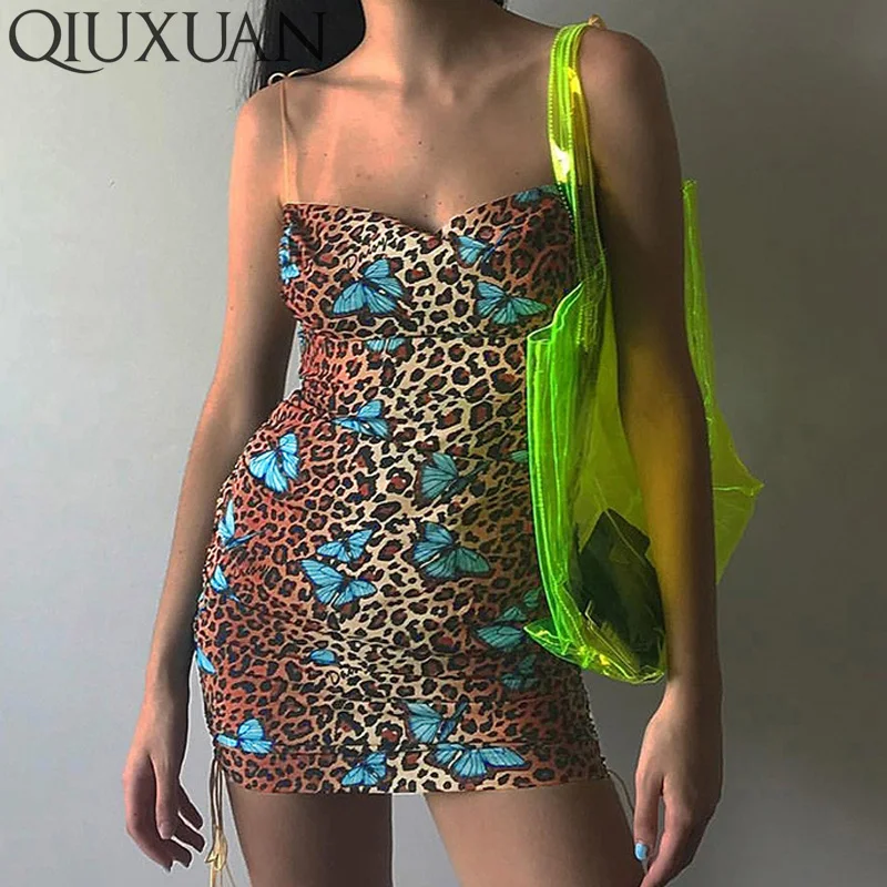 Qiuxuan леопардовая бабочка печати лоскутное Ruched Спагетти ремни без рукавов с